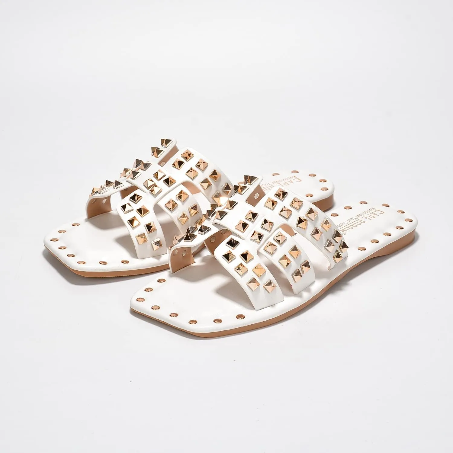 Women's Slide Sandals with Gold Spike Studded Design - Open-Toe Summer Slides for Women, Slip-On Comfortable Sandals for Casual Beach, Pool, or Outfits | Lightweight Trendy Footwear (Amisha)