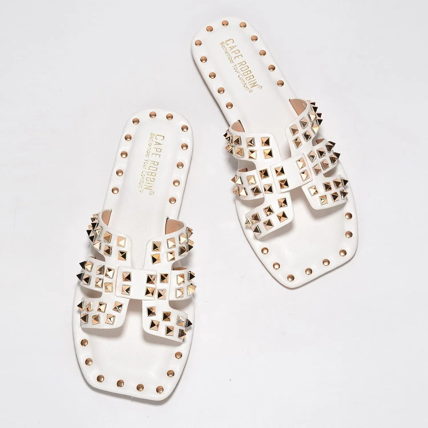 Women's Slide Sandals with Gold Spike Studded Design - Open-Toe Summer Slides for Women, Slip-On Comfortable Sandals for Casual Beach, Pool, or Outfits | Lightweight Trendy Footwear (Amisha)