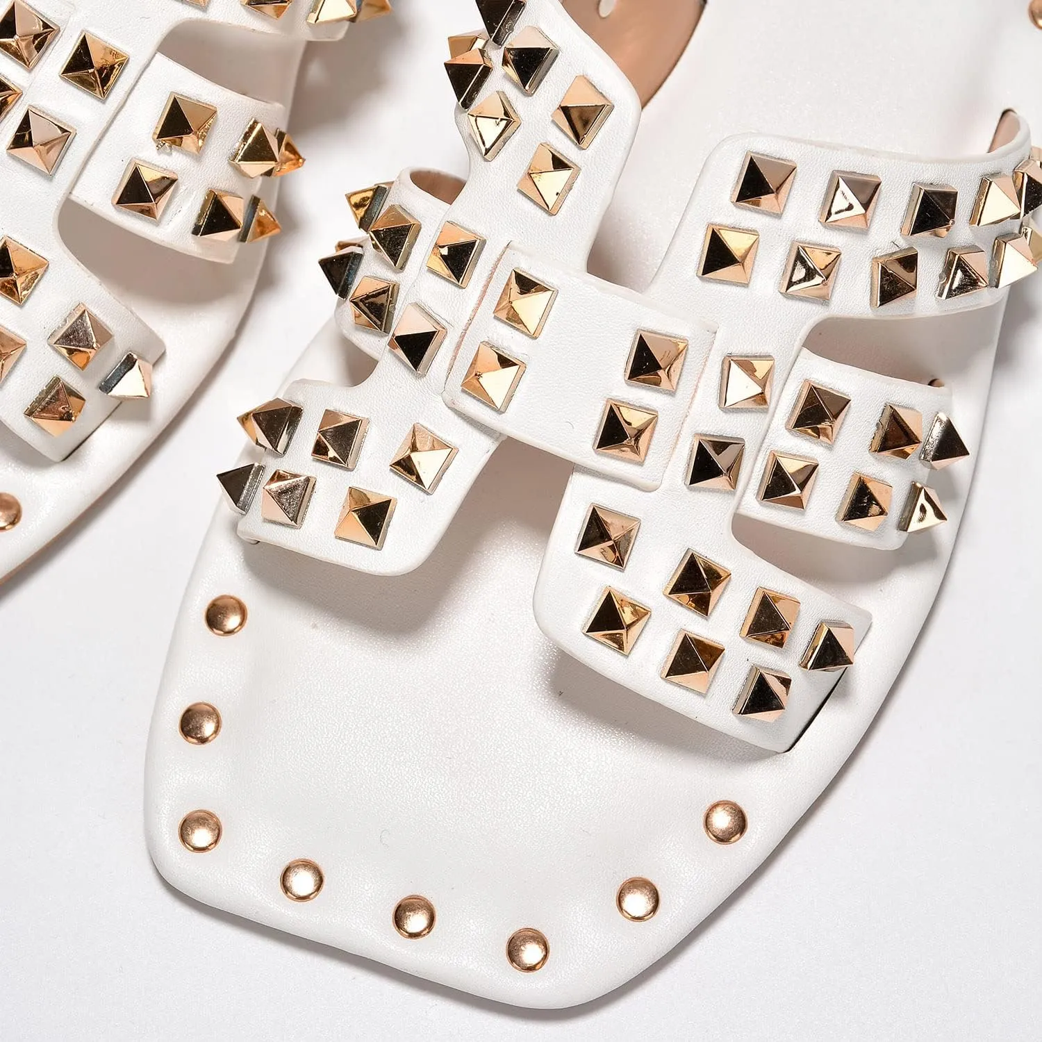 Women's Slide Sandals with Gold Spike Studded Design - Open-Toe Summer Slides for Women, Slip-On Comfortable Sandals for Casual Beach, Pool, or Outfits | Lightweight Trendy Footwear (Amisha)