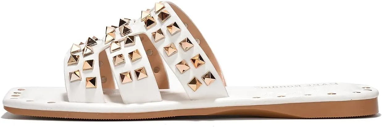 Women's Slide Sandals with Gold Spike Studded Design - Open-Toe Summer Slides for Women, Slip-On Comfortable Sandals for Casual Beach, Pool, or Outfits | Lightweight Trendy Footwear (Amisha)