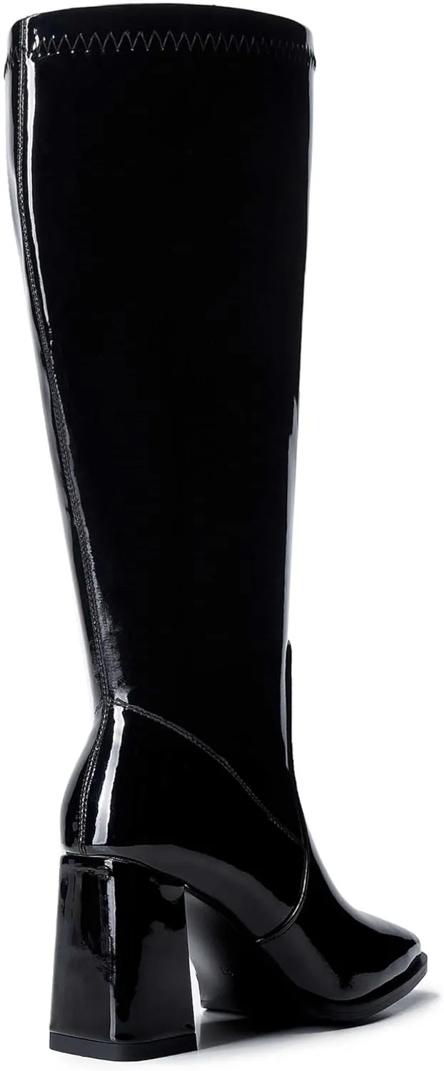 Women's Slim Calf Knee High Boots – Square Toe Block Heel Dress Boots, Side Zip Faux Leather Tall Boots for Narrow Calves, Fall & Winter Fashion