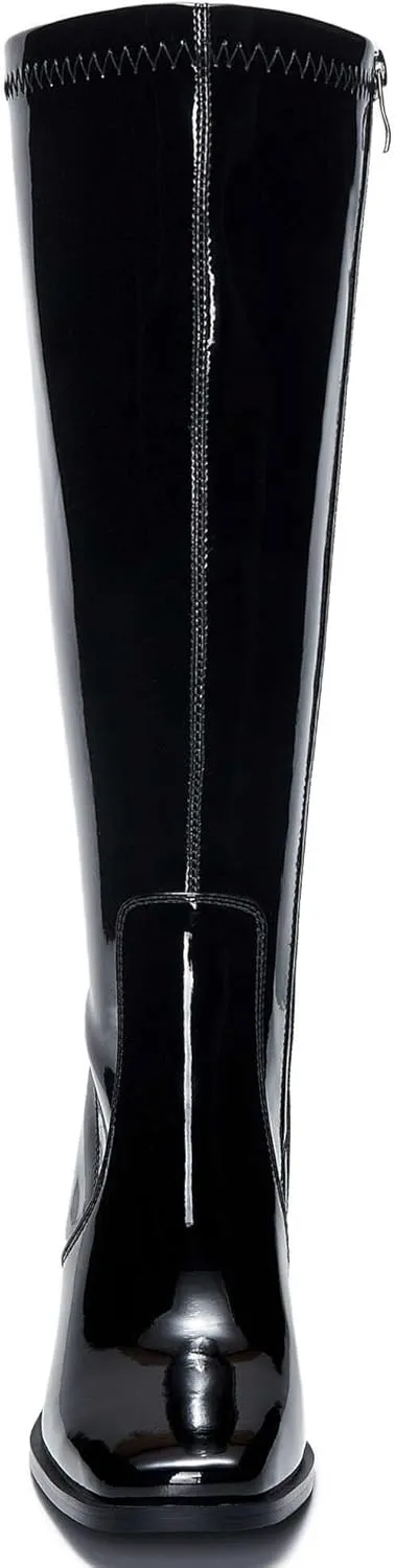 Women's Slim Calf Knee High Boots – Square Toe Block Heel Dress Boots, Side Zip Faux Leather Tall Boots for Narrow Calves, Fall & Winter Fashion