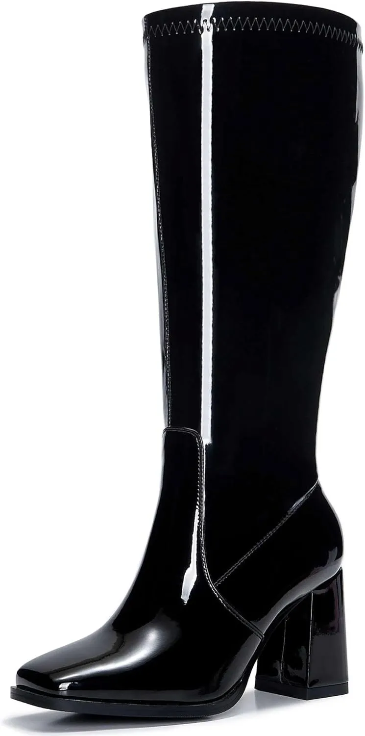 Women's Slim Calf Knee High Boots – Square Toe Block Heel Dress Boots, Side Zip Faux Leather Tall Boots for Narrow Calves, Fall & Winter Fashion