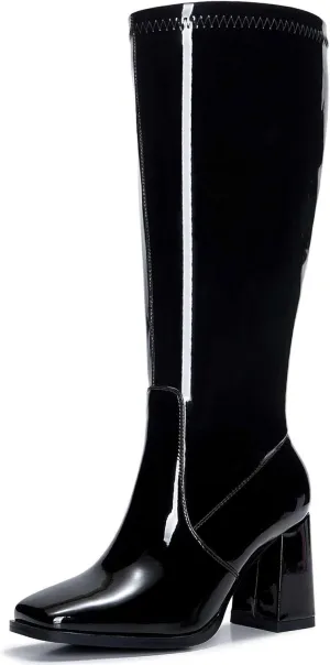 Women's Slim Calf Knee High Boots – Square Toe Block Heel Dress Boots, Side Zip Faux Leather Tall Boots for Narrow Calves, Fall & Winter Fashion