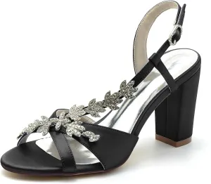 Women's Slingback Court Shoes Satin Rhinestones Block Heel Bridal Pumps Closed Toe Wedding Dress Sandals