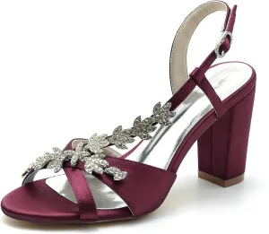 Women's Slingback Court Shoes Satin Rhinestones Block Heel Bridal Pumps Closed Toe Wedding Dress Sandals