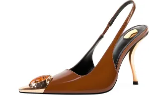 Women's Slingback Stiletto High Heels Crystal Metallic Closed Pointed Toe Pumps Patent Leather Slip on Elastic Strap Heeled Sandals Fashion Party Dress Shoes for Women