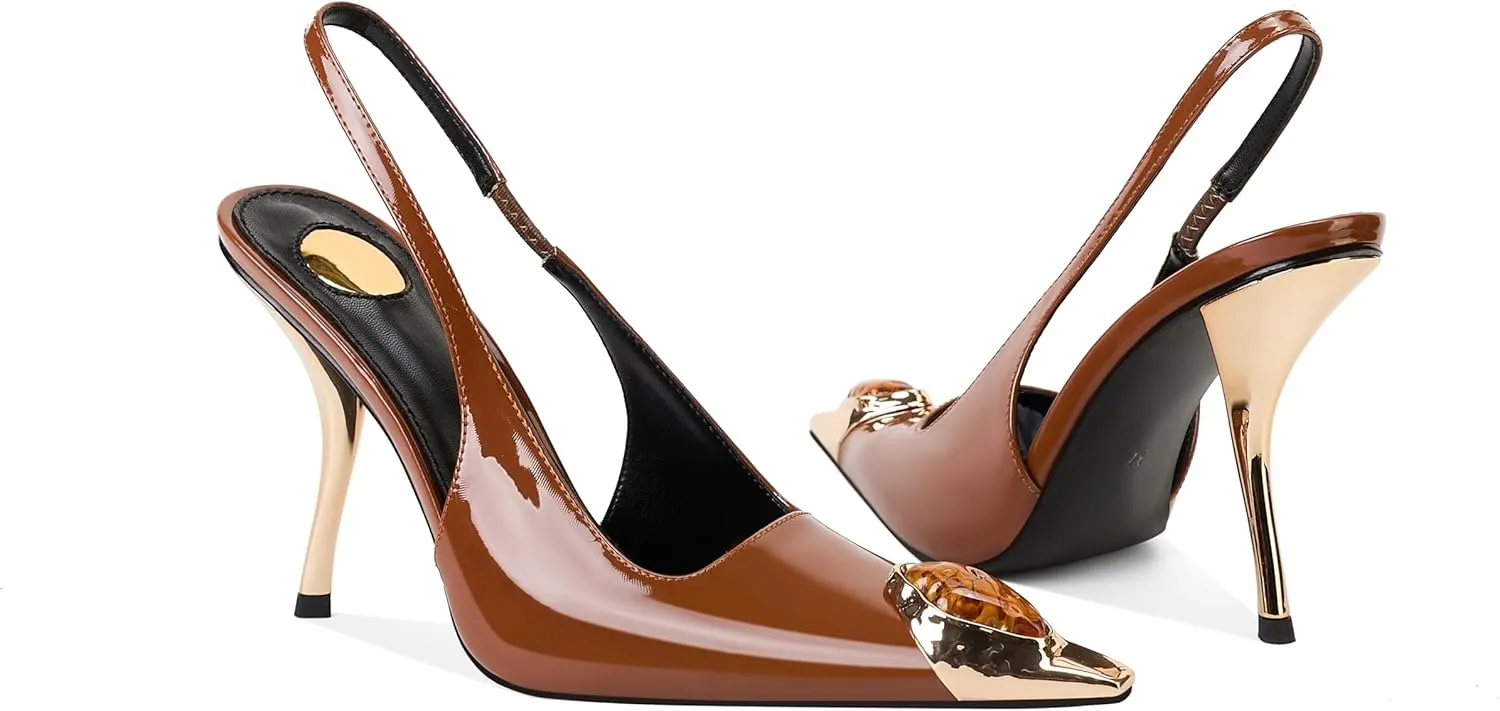 Women's Slingback Stiletto High Heels Crystal Metallic Closed Pointed Toe Pumps Patent Leather Slip on Elastic Strap Heeled Sandals Fashion Party Dress Shoes for Women