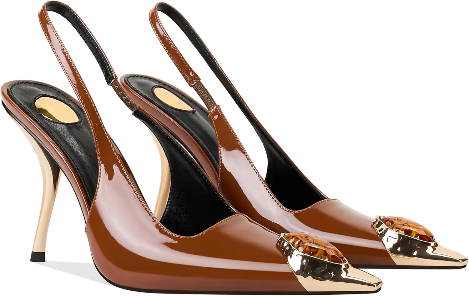 Women's Slingback Stiletto High Heels Crystal Metallic Closed Pointed Toe Pumps Patent Leather Slip on Elastic Strap Heeled Sandals Fashion Party Dress Shoes for Women