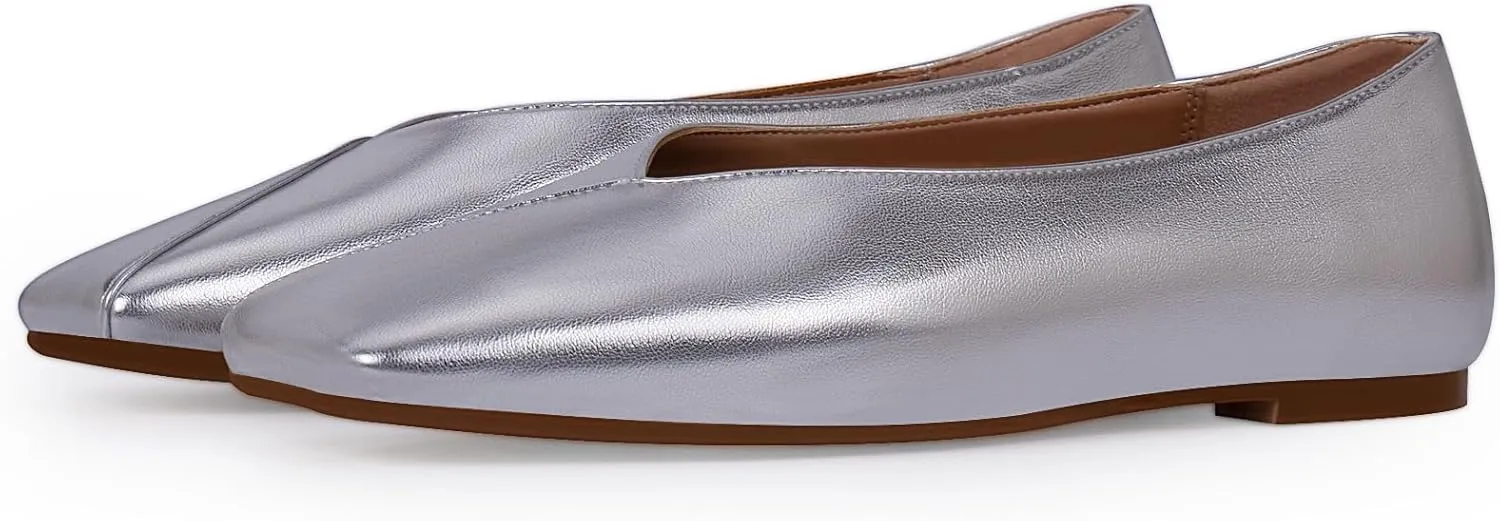 Women's Soft Ballet Silver Flats Elegant Slip On Square Toe Walking Single Shoes