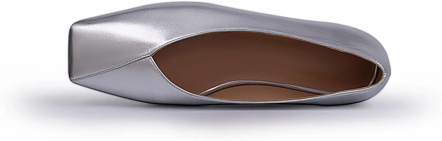 Women's Soft Ballet Silver Flats Elegant Slip On Square Toe Walking Single Shoes