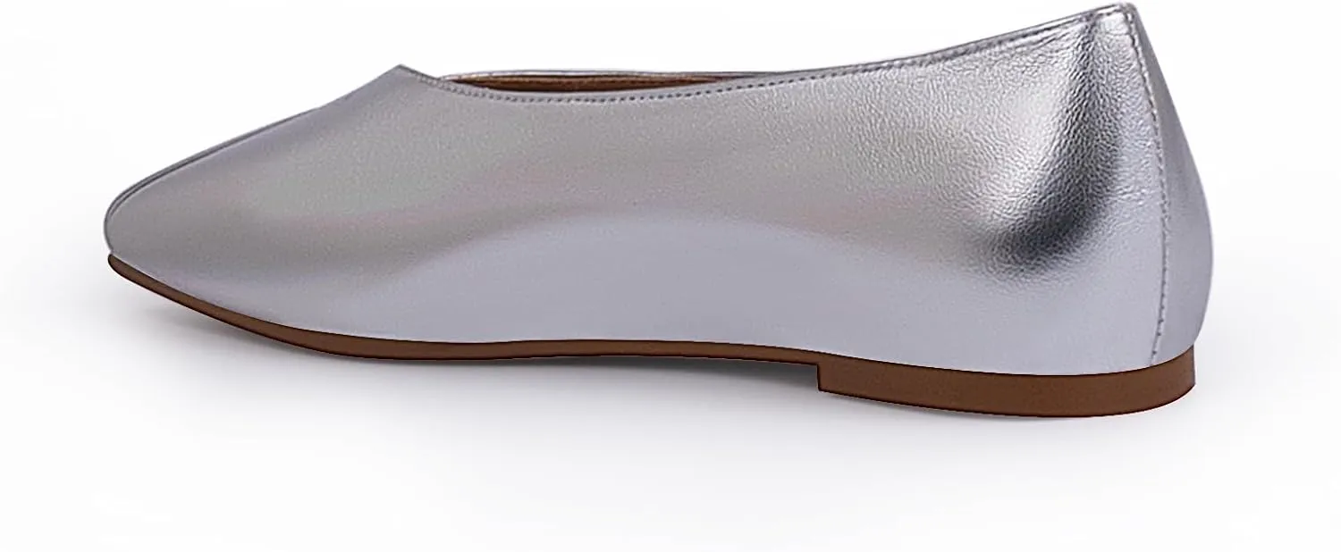 Women's Soft Ballet Silver Flats Elegant Slip On Square Toe Walking Single Shoes