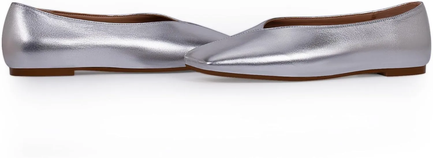 Women's Soft Ballet Silver Flats Elegant Slip On Square Toe Walking Single Shoes