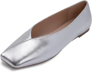 Women's Soft Ballet Silver Flats Elegant Slip On Square Toe Walking Single Shoes