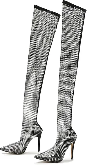 Women's Sparkly Stilettos Mesh Thigh High Boots Pointed Toe Heels Rhinestones Over The Knee Slip On Long Tall Party Clear Slim Dress Pump Summer Clubbing Work Courts Shoes