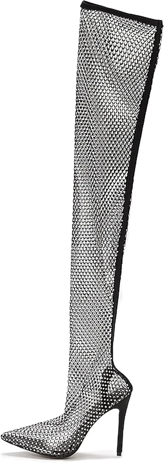 Women's Sparkly Stilettos Mesh Thigh High Boots Pointed Toe Heels Rhinestones Over The Knee Slip On Long Tall Party Clear Slim Dress Pump Summer Clubbing Work Courts Shoes