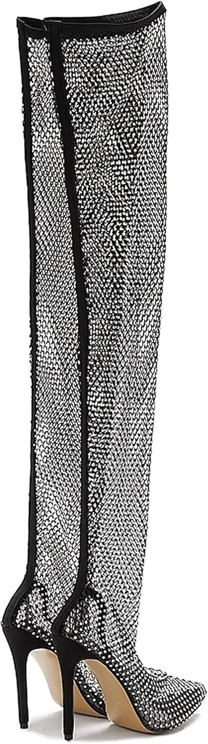 Women's Sparkly Stilettos Mesh Thigh High Boots Pointed Toe Heels Rhinestones Over The Knee Slip On Long Tall Party Clear Slim Dress Pump Summer Clubbing Work Courts Shoes