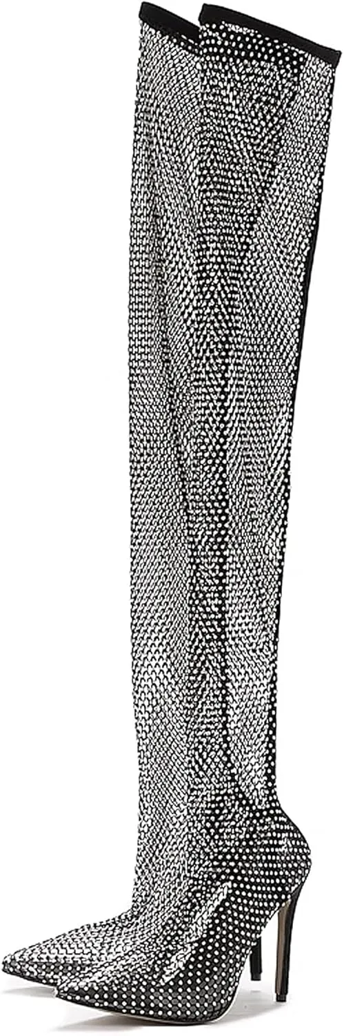 Women's Sparkly Stilettos Mesh Thigh High Boots Pointed Toe Heels Rhinestones Over The Knee Slip On Long Tall Party Clear Slim Dress Pump Summer Clubbing Work Courts Shoes