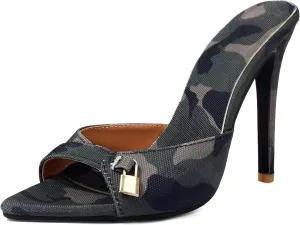 Women's Stiletto Heeled Mules Snakeskin Slip On Pointed Toe Metallic Lock Sandals