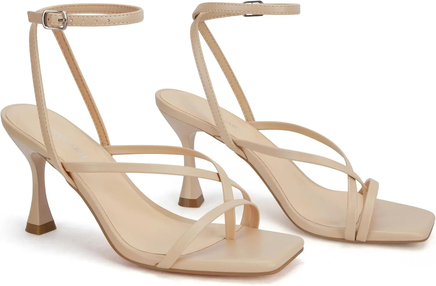 Women's Strappy High Heels Sandals Square Open Toe Ankle Strap Slingback Thong Stilettos Shoes for Wedding
