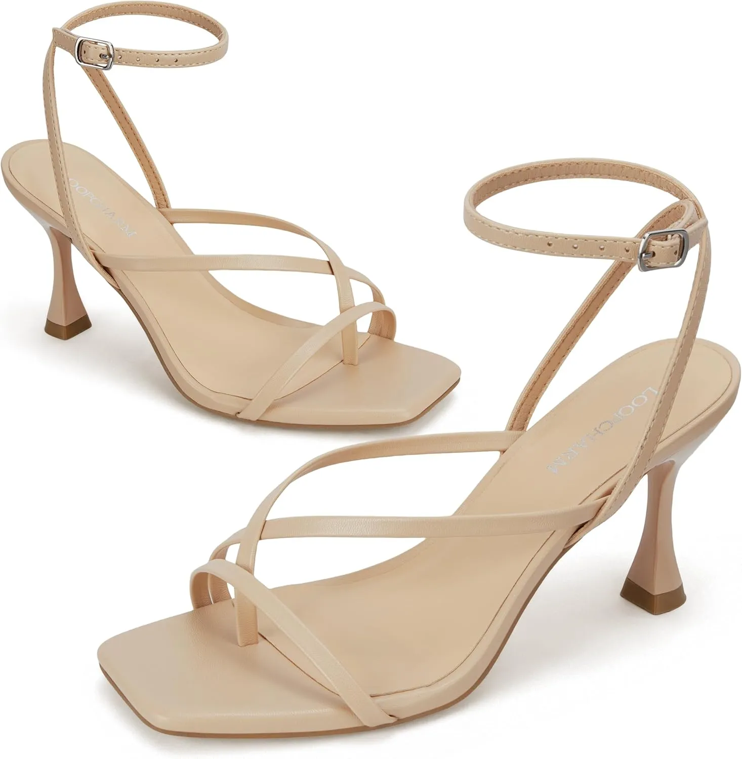 Women's Strappy High Heels Sandals Square Open Toe Ankle Strap Slingback Thong Stilettos Shoes for Wedding
