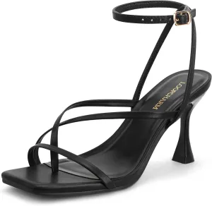 Women's Strappy High Heels Sandals Square Open Toe Ankle Strap Slingback Thong Stilettos Shoes for Wedding