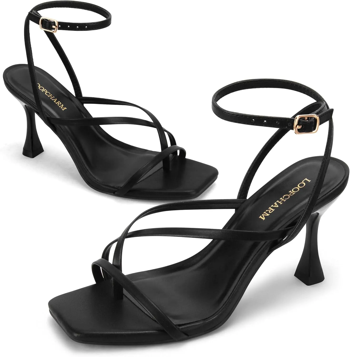 Women's Strappy High Heels Sandals Square Open Toe Ankle Strap Slingback Thong Stilettos Shoes for Wedding