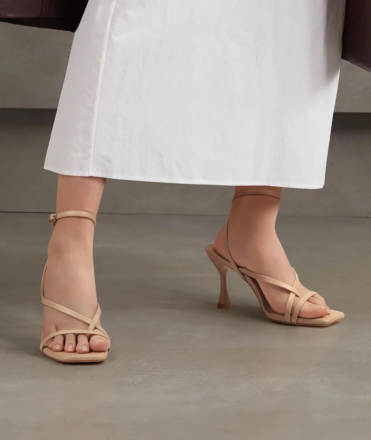Women's Strappy High Heels Sandals Square Open Toe Ankle Strap Slingback Thong Stilettos Shoes for Wedding