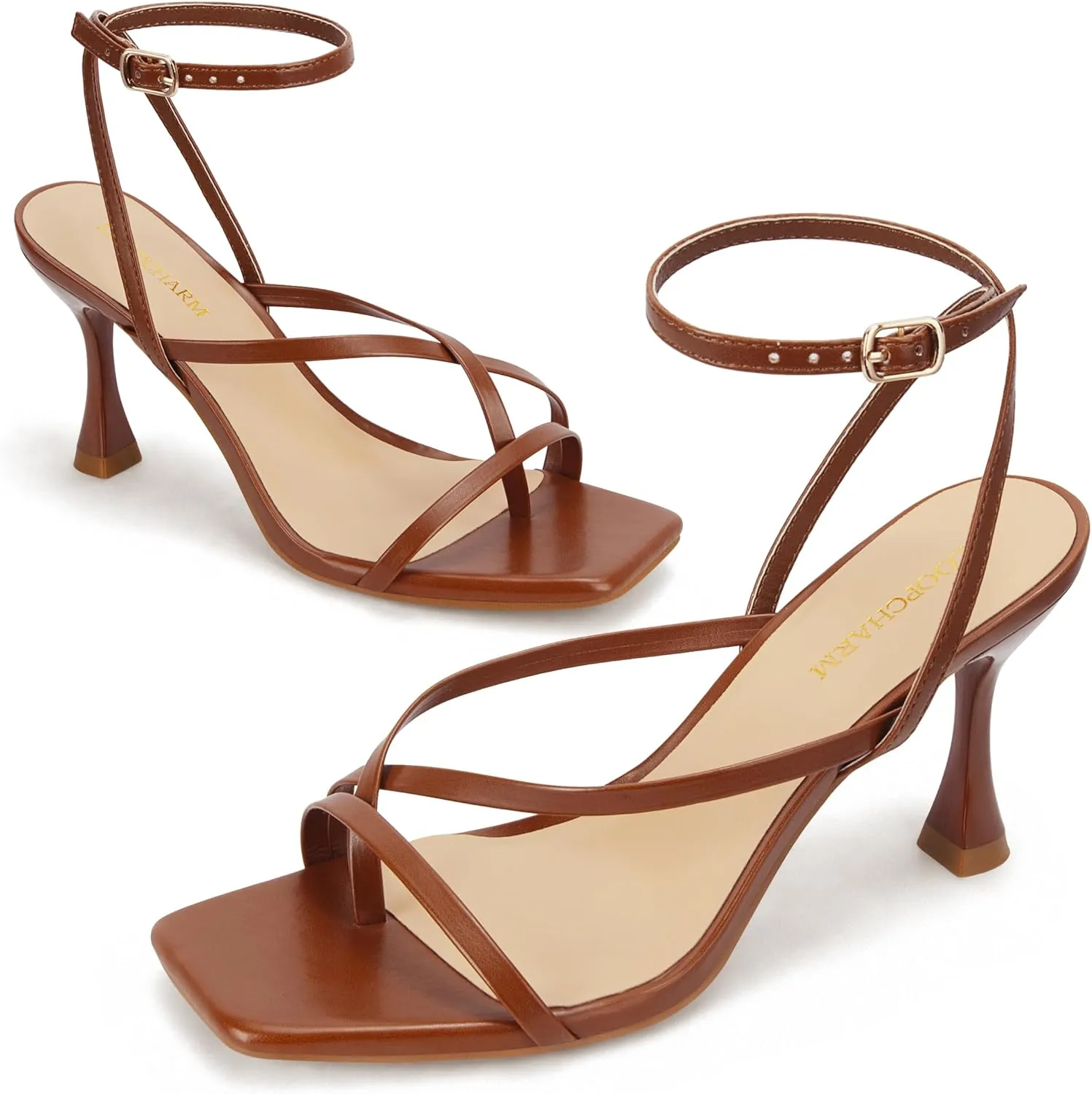 Women's Strappy High Heels Sandals Square Open Toe Ankle Strap Slingback Thong Stilettos Shoes for Wedding