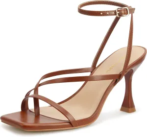 Women's Strappy High Heels Sandals Square Open Toe Ankle Strap Slingback Thong Stilettos Shoes for Wedding
