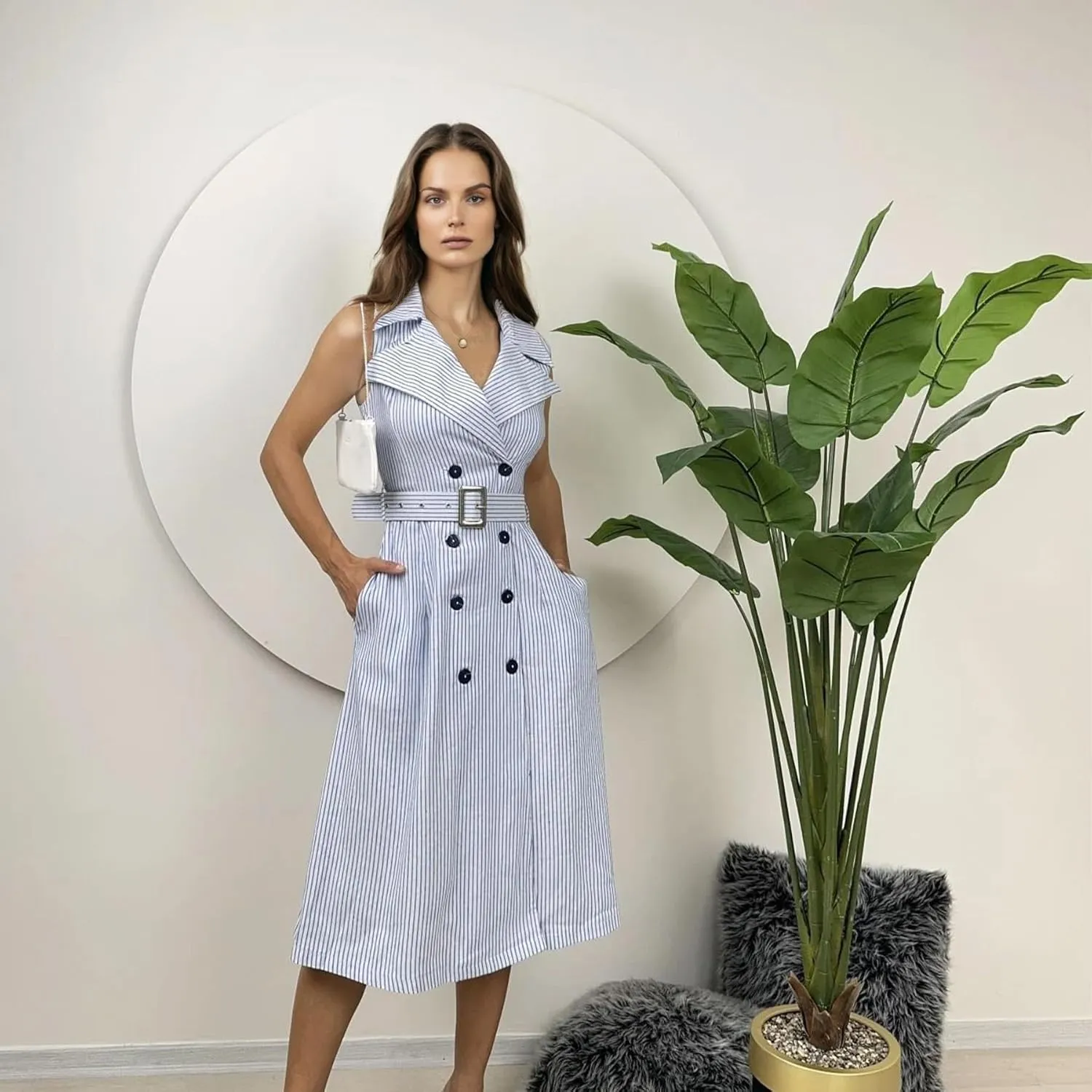 Womens Striped Midi Dress V-Neck Lapel Self-Tie Belt Flowy A-Line Office Work Dress for Casual and Professional