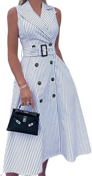 Womens Striped Midi Dress V-Neck Lapel Self-Tie Belt Flowy A-Line Office Work Dress for Casual and Professional