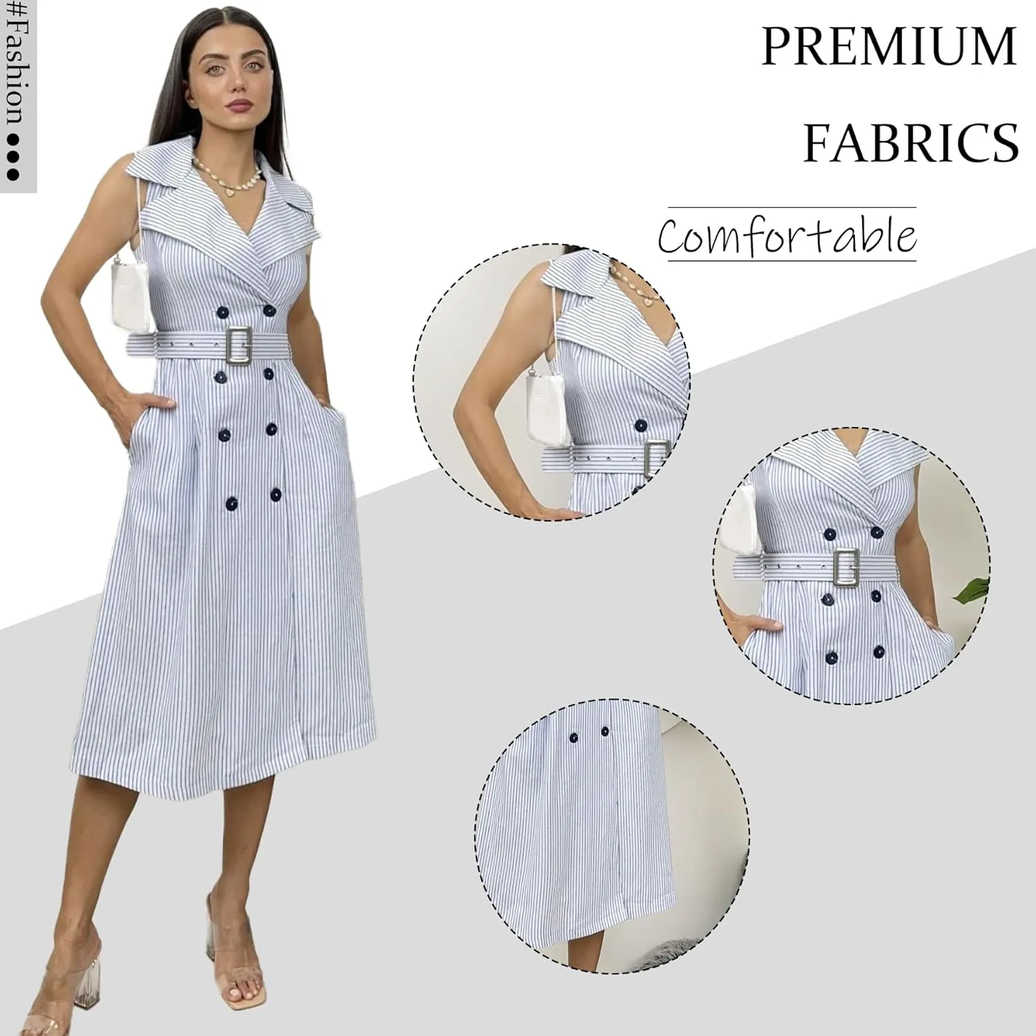 Womens Striped Midi Dress V-Neck Lapel Self-Tie Belt Flowy A-Line Office Work Dress for Casual and Professional