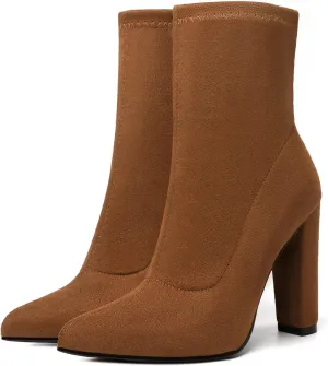 Women's Suede Sock Booties Chunky Heels Ankle Boots Pointed Toe Block Heel Boots Sexy Dress Side Zip High Heel Short Boots