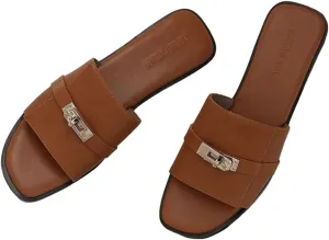 Women's Summer Flat Sandals Slip On Dress Slides Sandals for Outdoor Ladies PU leather Beach Slippers With Silver Buckle