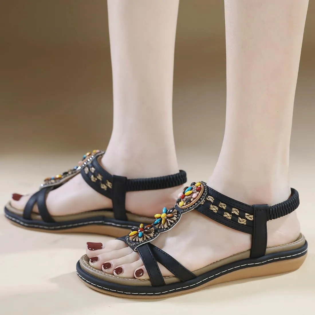 Womens Summer Flats Sandals Casual Summer Comfortable Ankle Elastic Jeweled Bohemian Flat Sandals