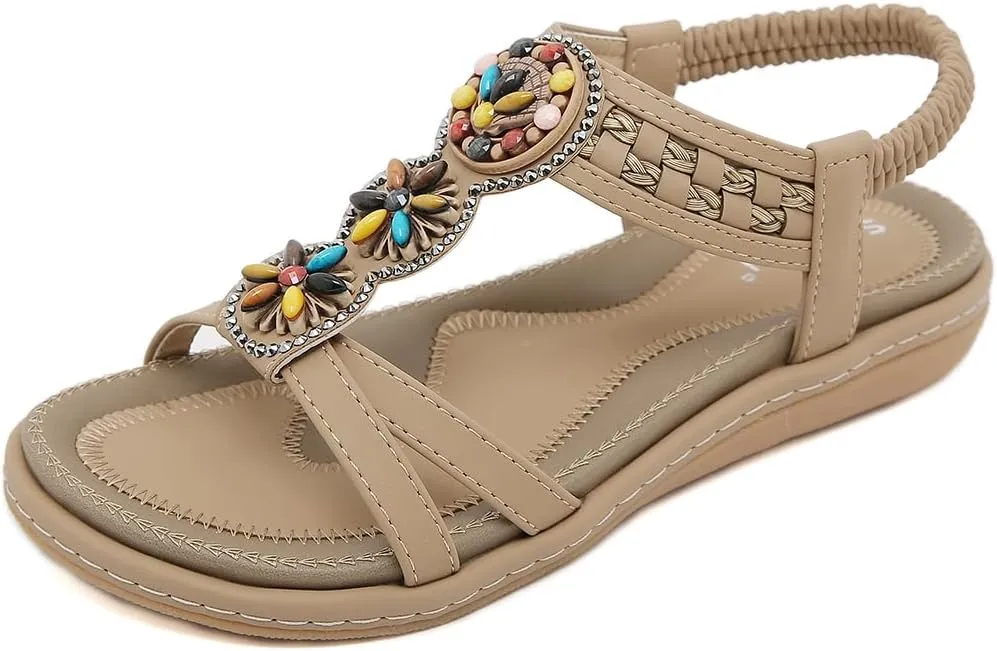 Womens Summer Flats Sandals Casual Summer Comfortable Ankle Elastic Jeweled Bohemian Flat Sandals