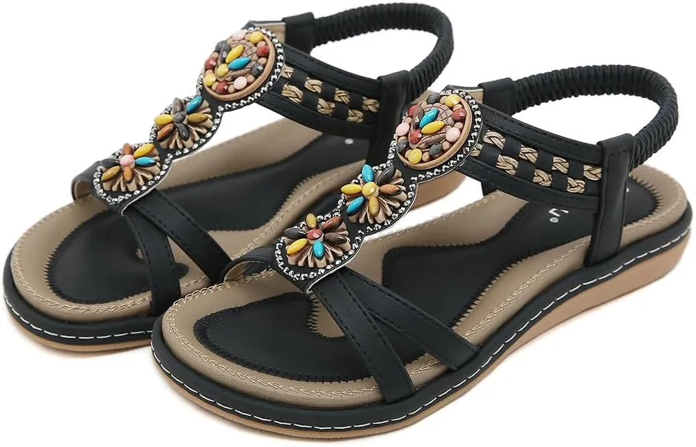 Womens Summer Flats Sandals Casual Summer Comfortable Ankle Elastic Jeweled Bohemian Flat Sandals