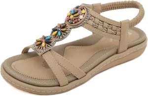 Womens Summer Flats Sandals Casual Summer Comfortable Ankle Elastic Jeweled Bohemian Flat Sandals