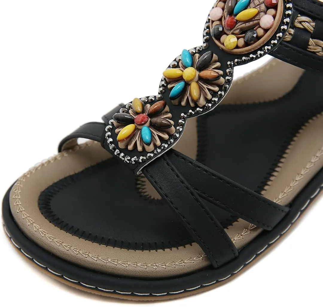 Womens Summer Flats Sandals Casual Summer Comfortable Ankle Elastic Jeweled Bohemian Flat Sandals