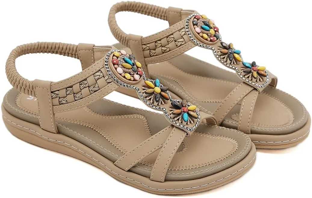 Womens Summer Flats Sandals Casual Summer Comfortable Ankle Elastic Jeweled Bohemian Flat Sandals
