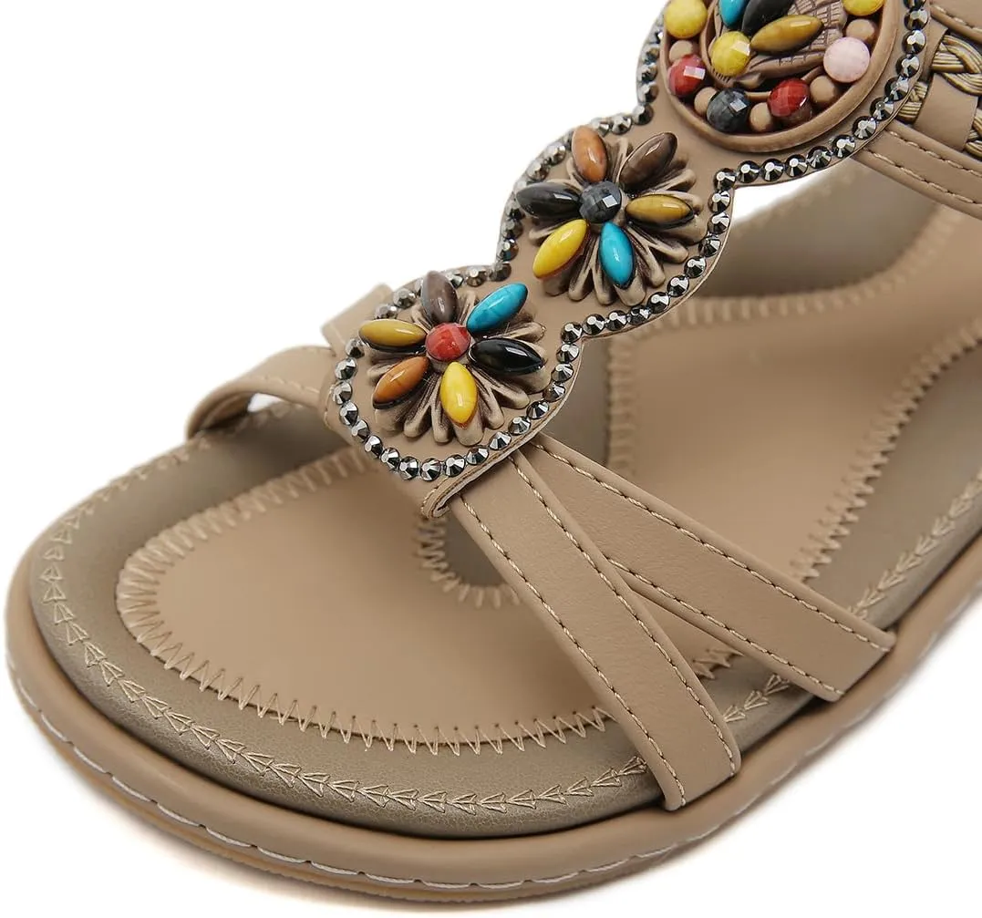 Womens Summer Flats Sandals Casual Summer Comfortable Ankle Elastic Jeweled Bohemian Flat Sandals