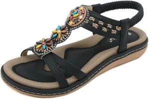 Womens Summer Flats Sandals Casual Summer Comfortable Ankle Elastic Jeweled Bohemian Flat Sandals