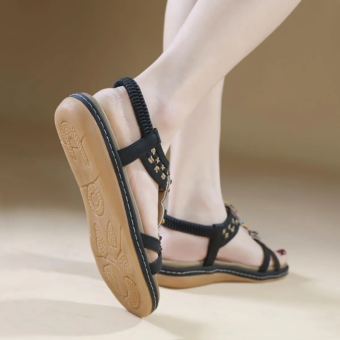 Womens Summer Flats Sandals Casual Summer Comfortable Ankle Elastic Jeweled Bohemian Flat Sandals