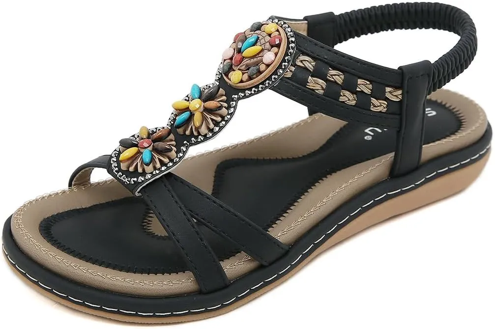 Womens Summer Flats Sandals Casual Summer Comfortable Ankle Elastic Jeweled Bohemian Flat Sandals