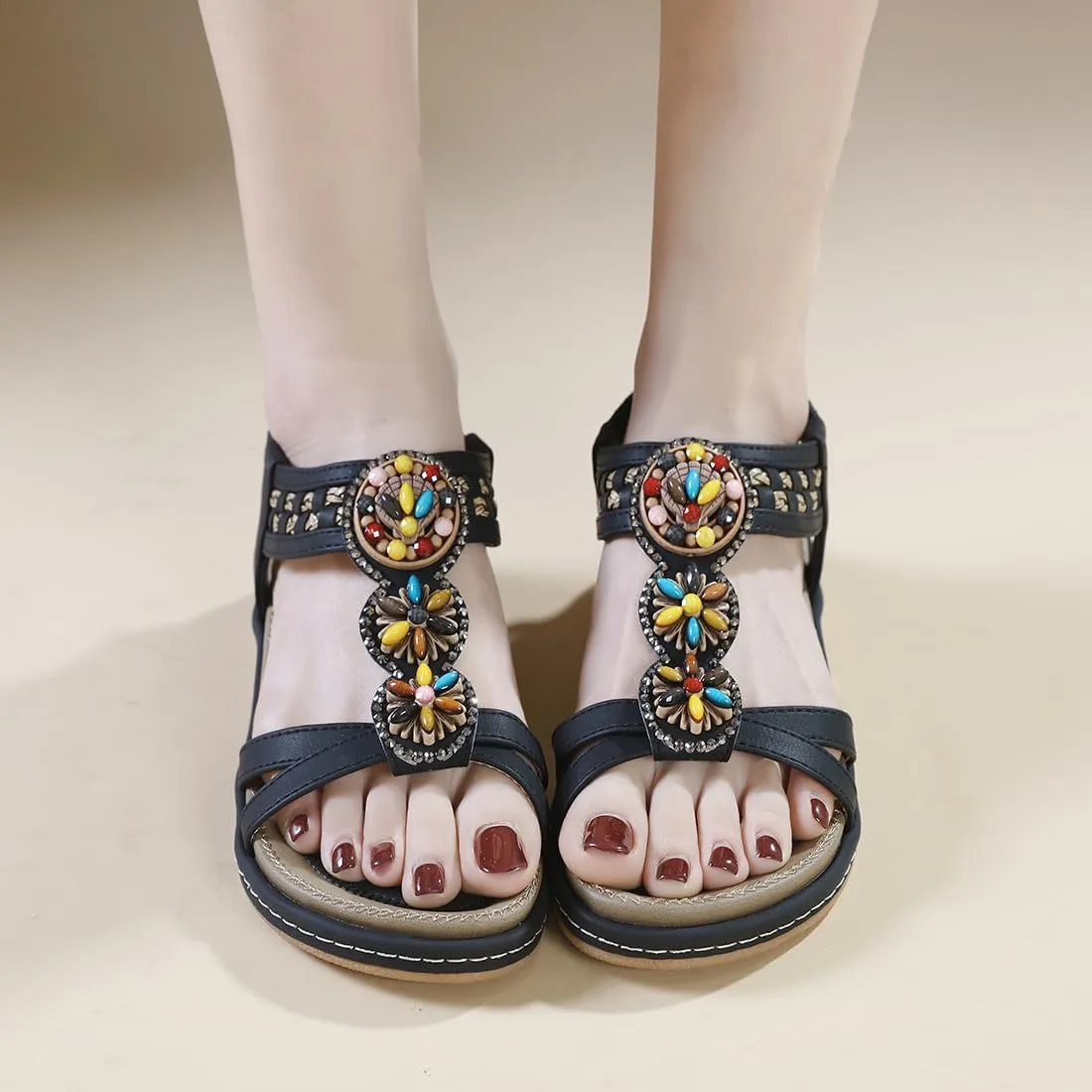 Womens Summer Flats Sandals Casual Summer Comfortable Ankle Elastic Jeweled Bohemian Flat Sandals