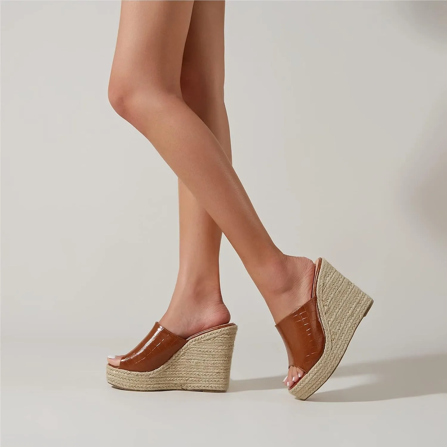Women's Summer Platform Wedge Sandals, Retro Crocodile Pattern Hemp Rope Bottom Fish Mouth Women's Fashion Sandals