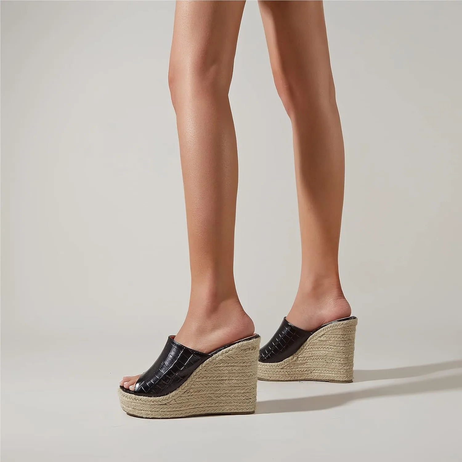 Women's Summer Platform Wedge Sandals, Retro Crocodile Pattern Hemp Rope Bottom Fish Mouth Women's Fashion Sandals