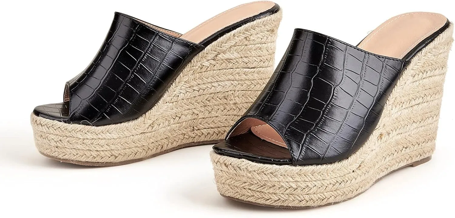 Women's Summer Platform Wedge Sandals, Retro Crocodile Pattern Hemp Rope Bottom Fish Mouth Women's Fashion Sandals