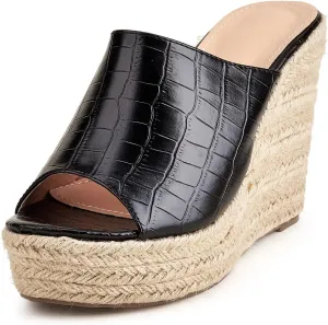 Women's Summer Platform Wedge Sandals, Retro Crocodile Pattern Hemp Rope Bottom Fish Mouth Women's Fashion Sandals